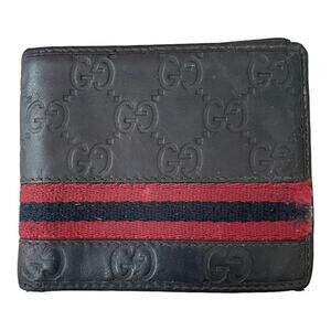 Gucci Wallet Mens GG Embossed BiFold Navy Blue Leather Red/Blue Striped